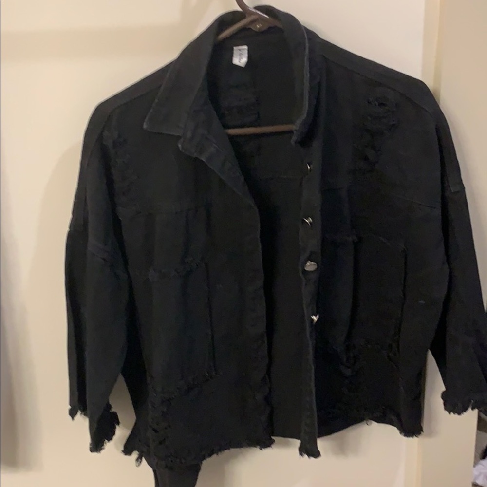 Distressed black jean jacket